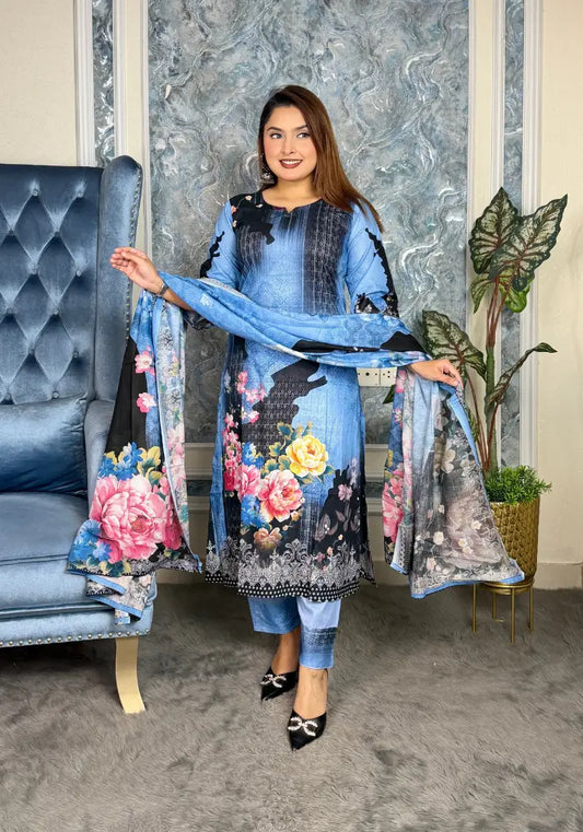 Elegant Black Floral Eid Three-Piece