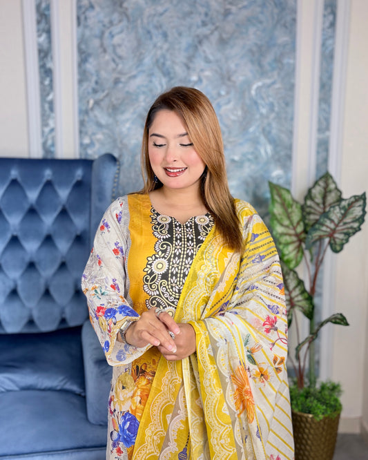 Mustard Yellow Printed Three-Piece