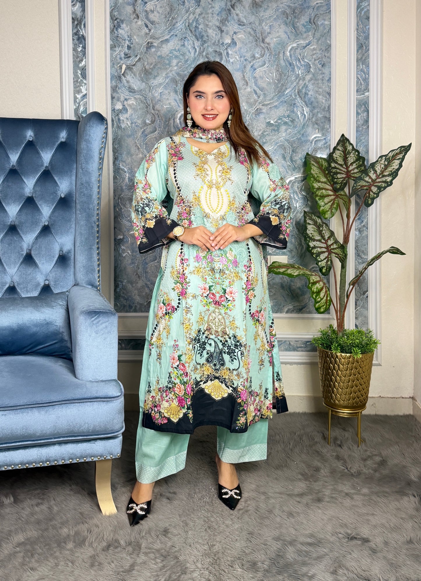 Elegant Mint Green Floral Printed Three-Piece Set