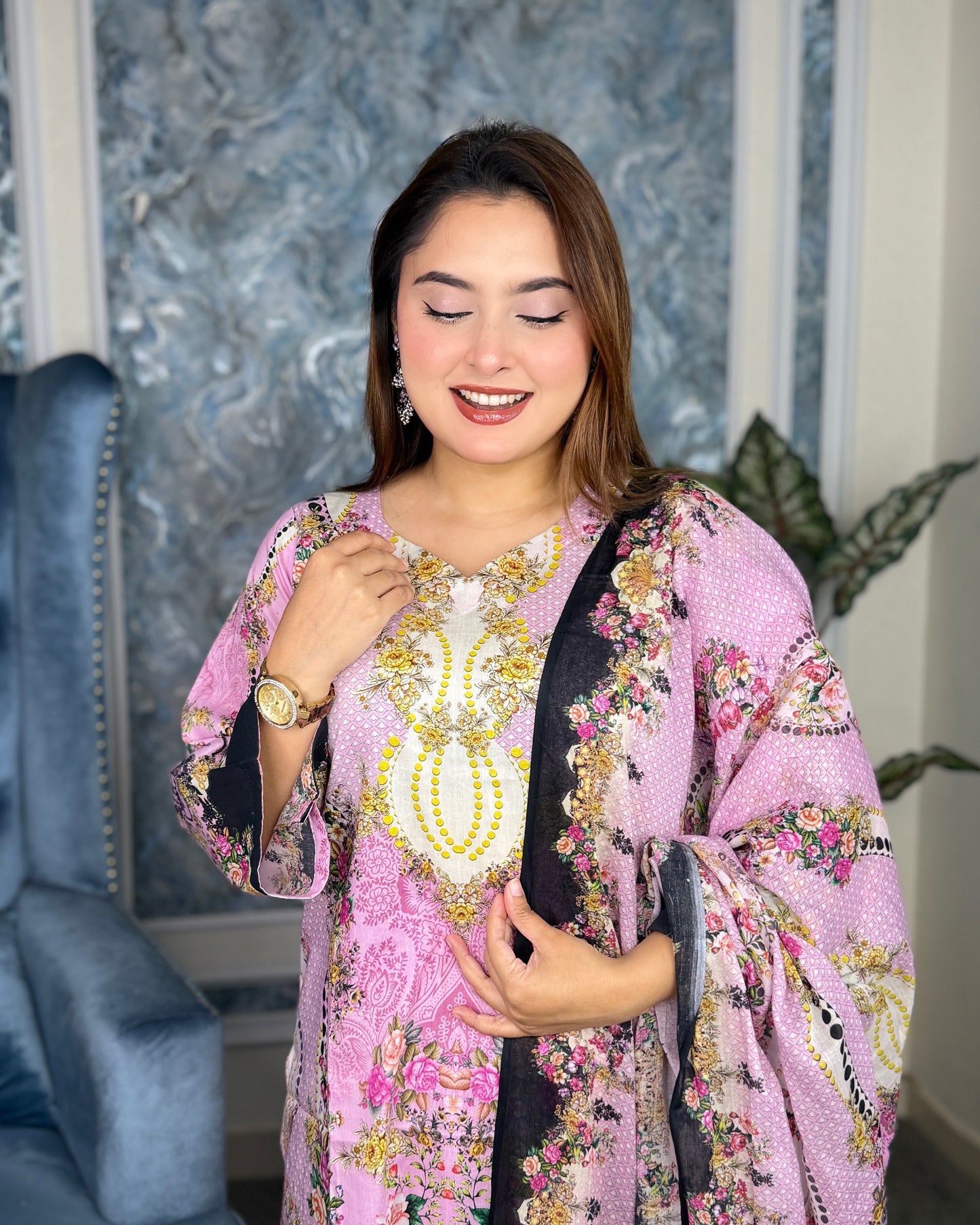 Elegant Pink Floral Printed Three-Piece Set