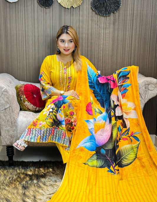 Mustard Yellow Floral Printed Three-Piece