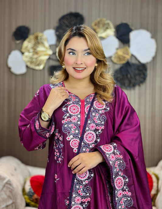 Magenta Deep Embroidered Three-Piece