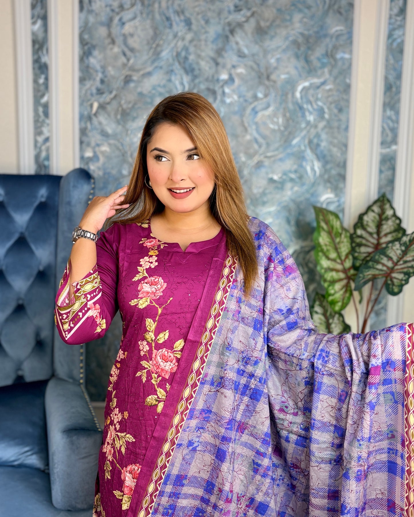 Mustard Yellow Floral Embroidered Three-Piece