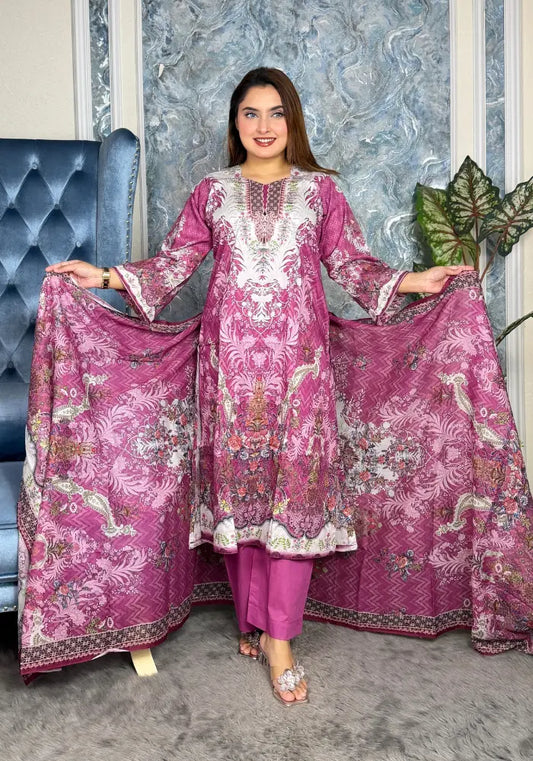 Elegant Plum Purple Floral Printed Three-Piece Set