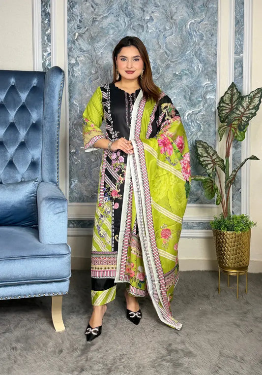 Elegant Lime Green & Black Floral Eid Three-Piece Suit