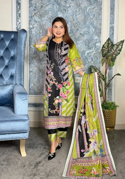 Elegant Lime Green & Black Floral Eid Three-Piece Suit