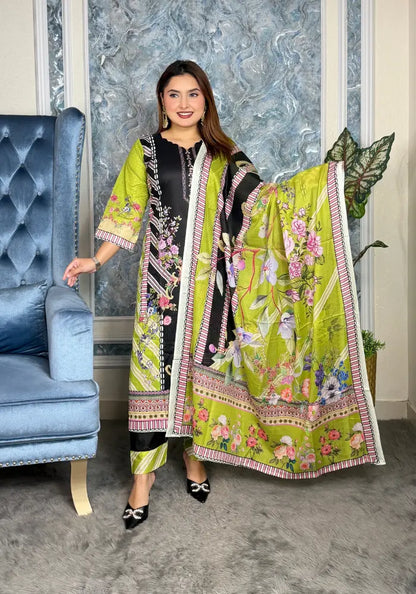 Elegant Lime Green & Black Floral Eid Three-Piece Suit