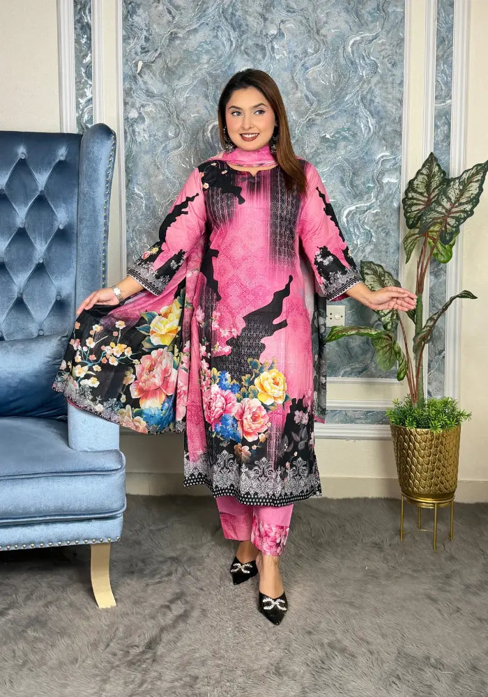 Elegant Black Floral Eid Three-Piece