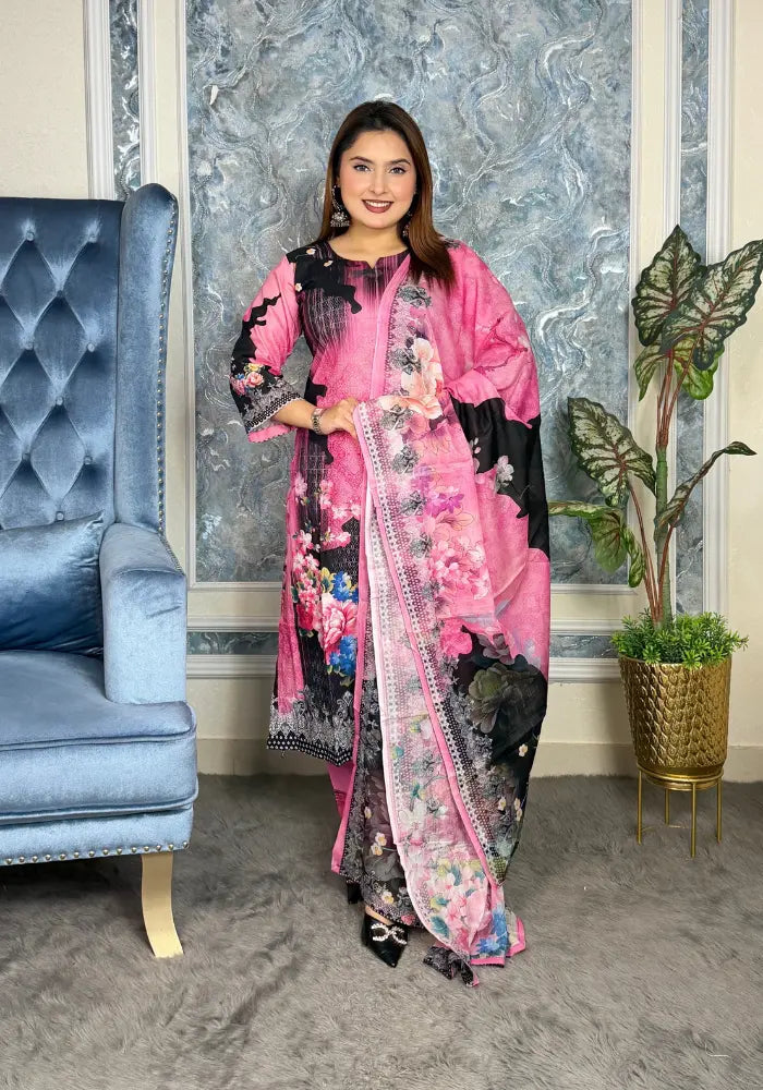 Elegant Black Floral Eid Three-Piece
