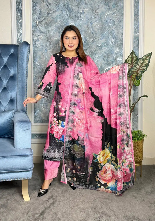 Elegant Black Floral Eid Three-Piece