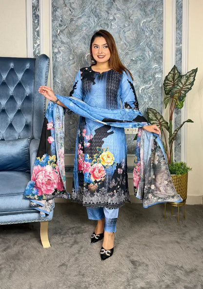 Elegant Black Floral Eid Three-Piece