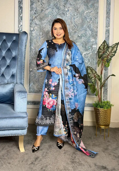 Elegant Black Floral Eid Three-Piece