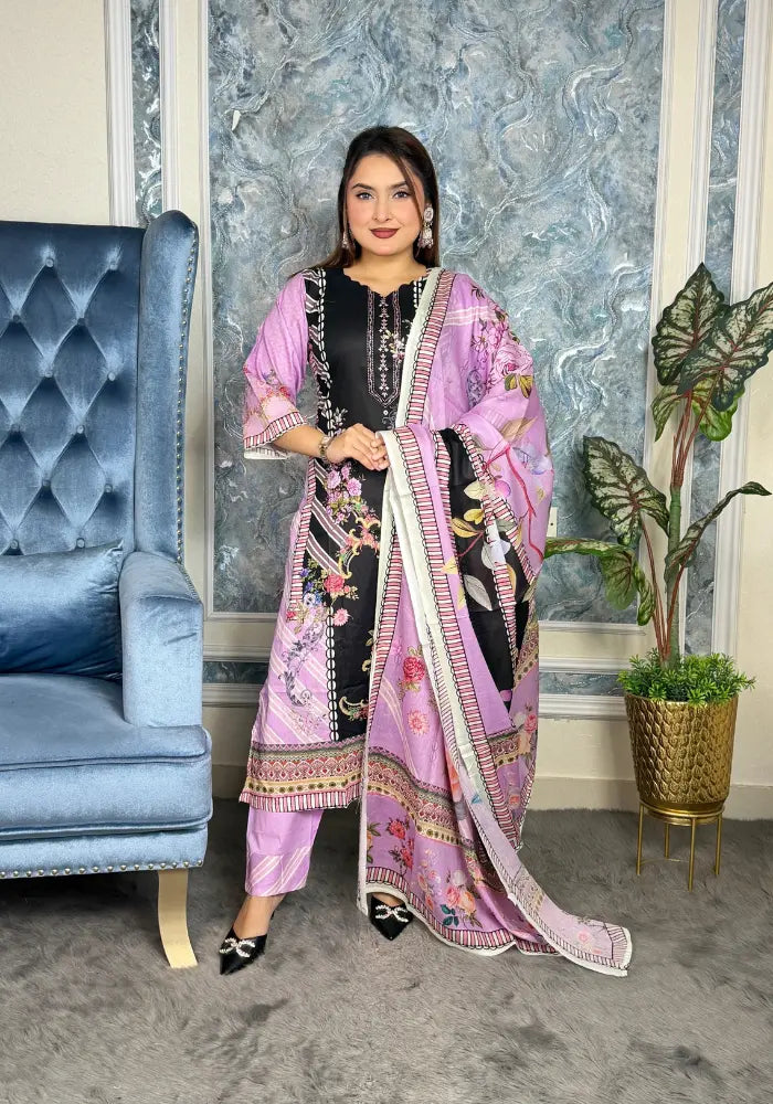 Elegant Lime Green & Black Floral Eid Three-Piece Suit