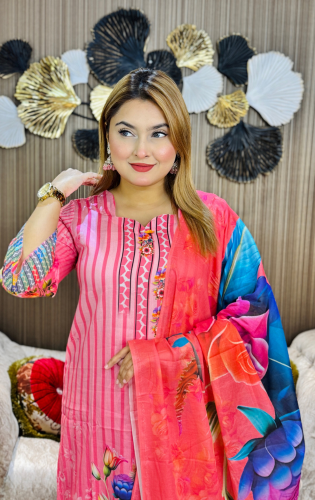 Pink Striped Floral Printed Three-Piece