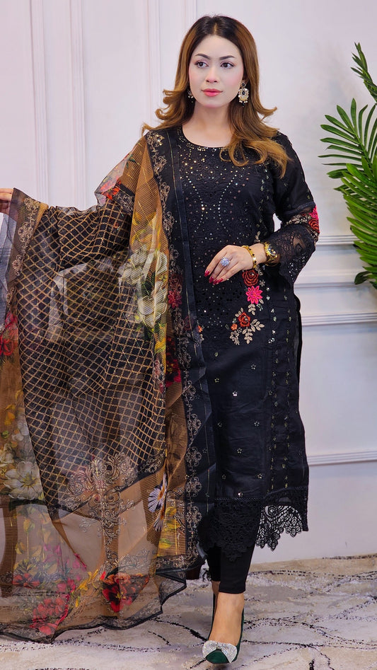 legant Black Embroidered Three-Piece