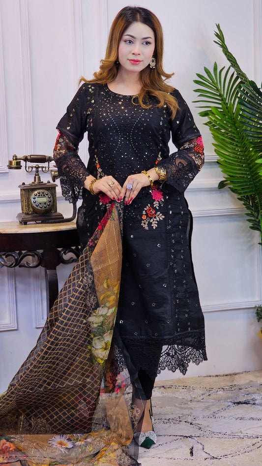 legant Black Embroidered Three-Piece