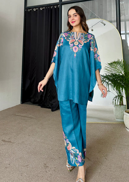 Teal Blue Printed Co-Ord Set with Elegant Neckline Design