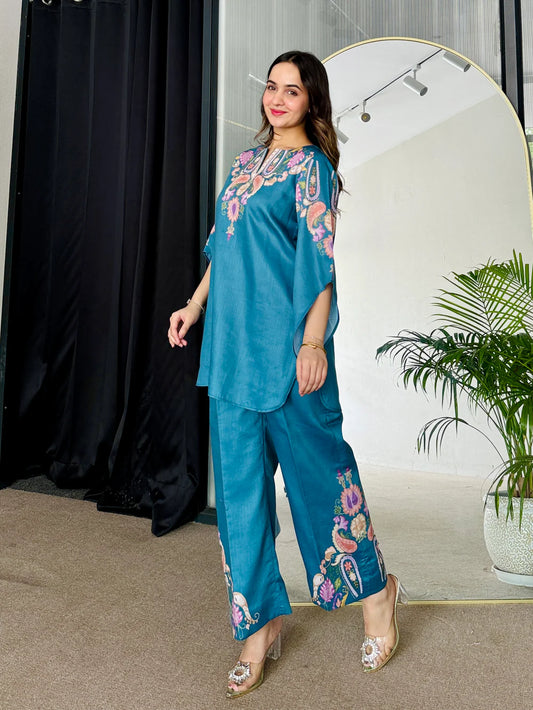 Teal Blue Printed Co-Ord Set with Elegant Neckline Design