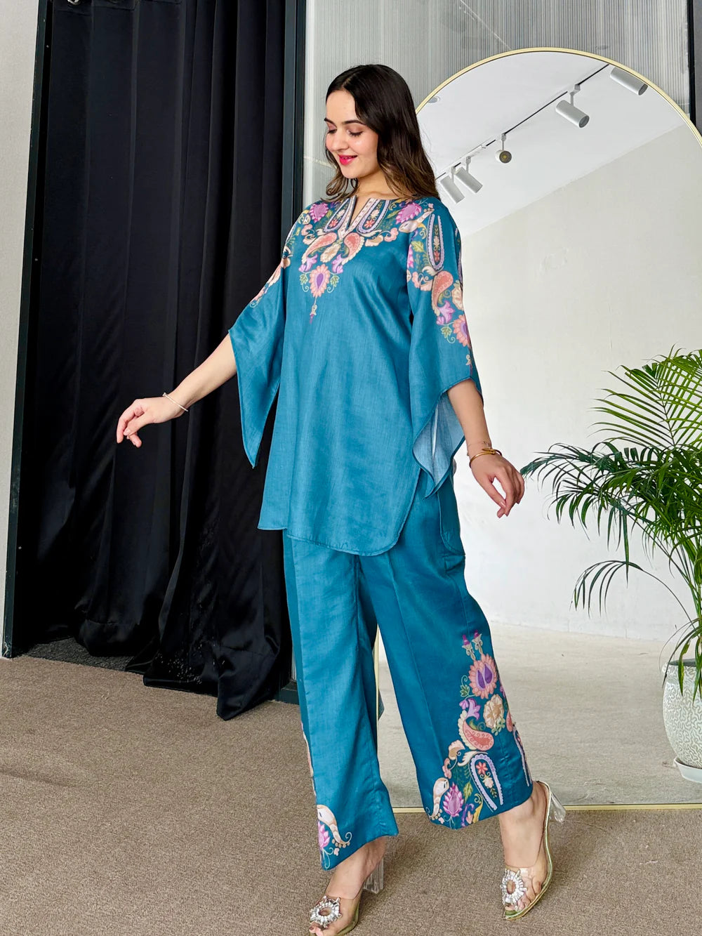 Teal Blue Printed Co-Ord Set with Elegant Neckline Design