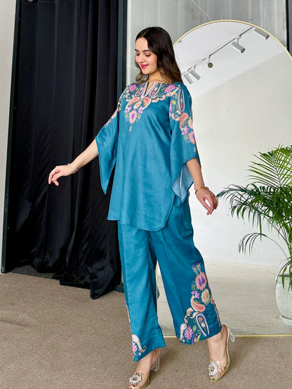 Teal Blue Printed Co-Ord Set with Elegant Neckline Design