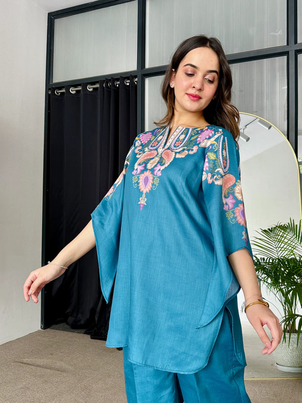 Teal Blue Printed Co-Ord Set with Elegant Neckline Design