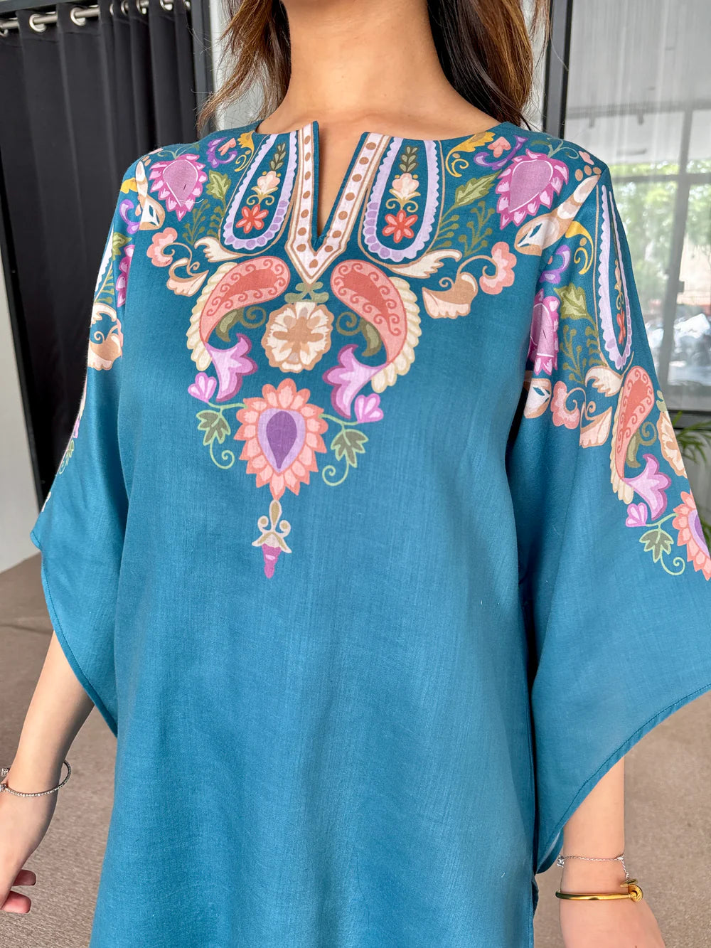 Teal Blue Printed Co-Ord Set with Elegant Neckline Design