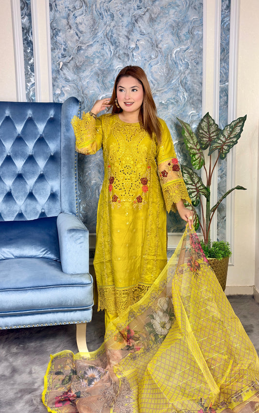 Elegant Mustard Yellow Embroidered 3-Piece