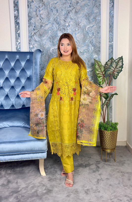 Elegant Mustard Yellow Embroidered 3-Piece