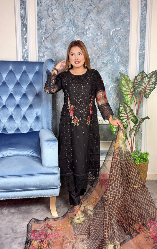 Elegant Black Embroidered Three-Piece set