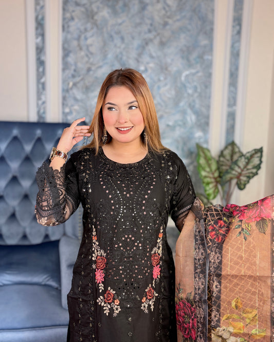 🖤 Elegant Black Embroidered Three-Piece