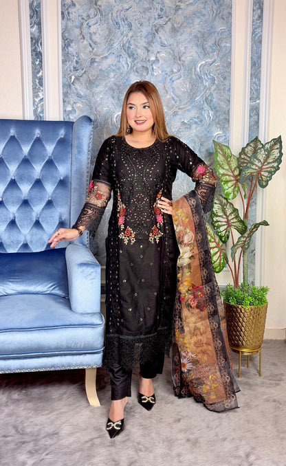 Elegant Black Embroidered Three-Piece set