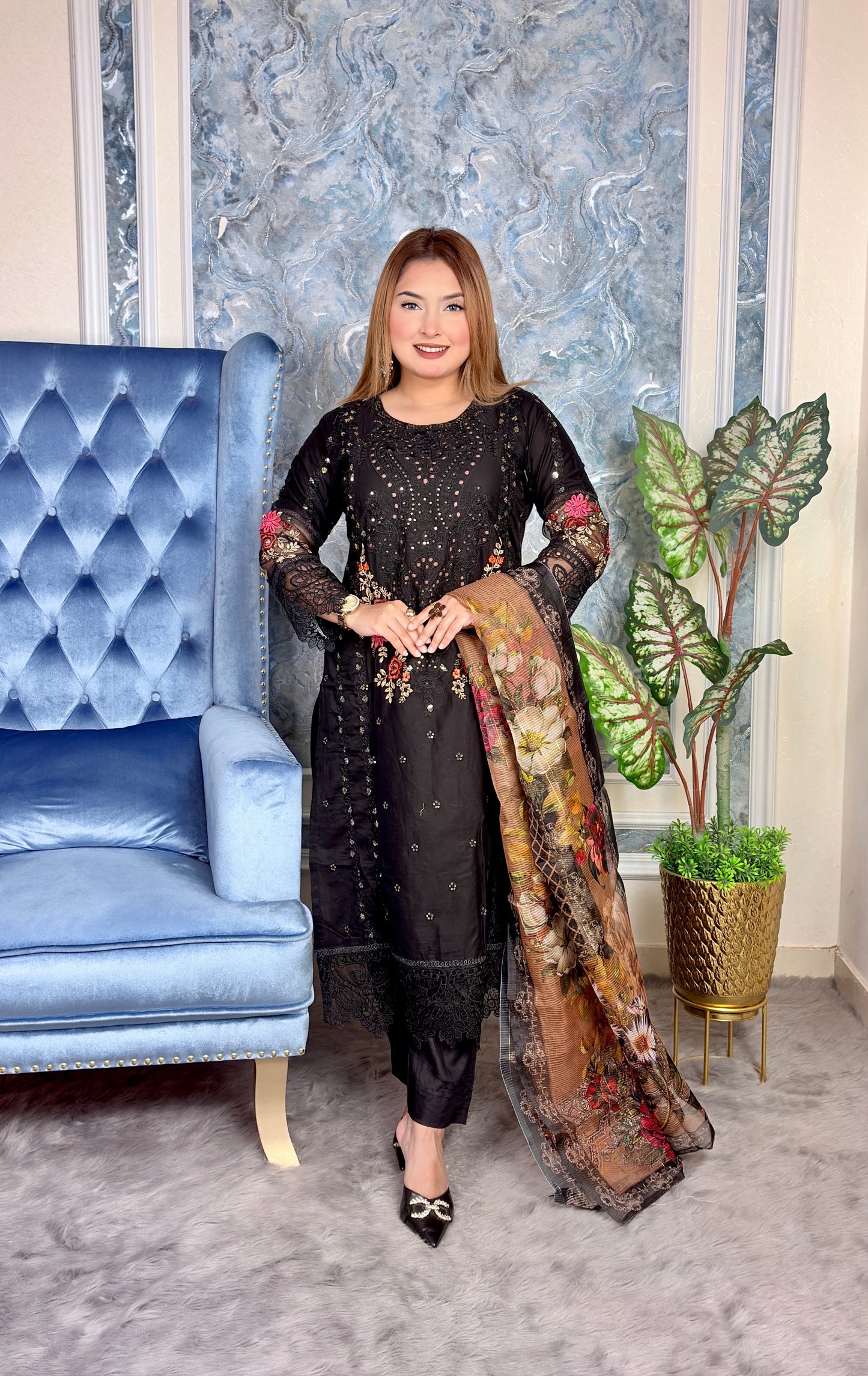 Elegant Black Embroidered Three-Piece set