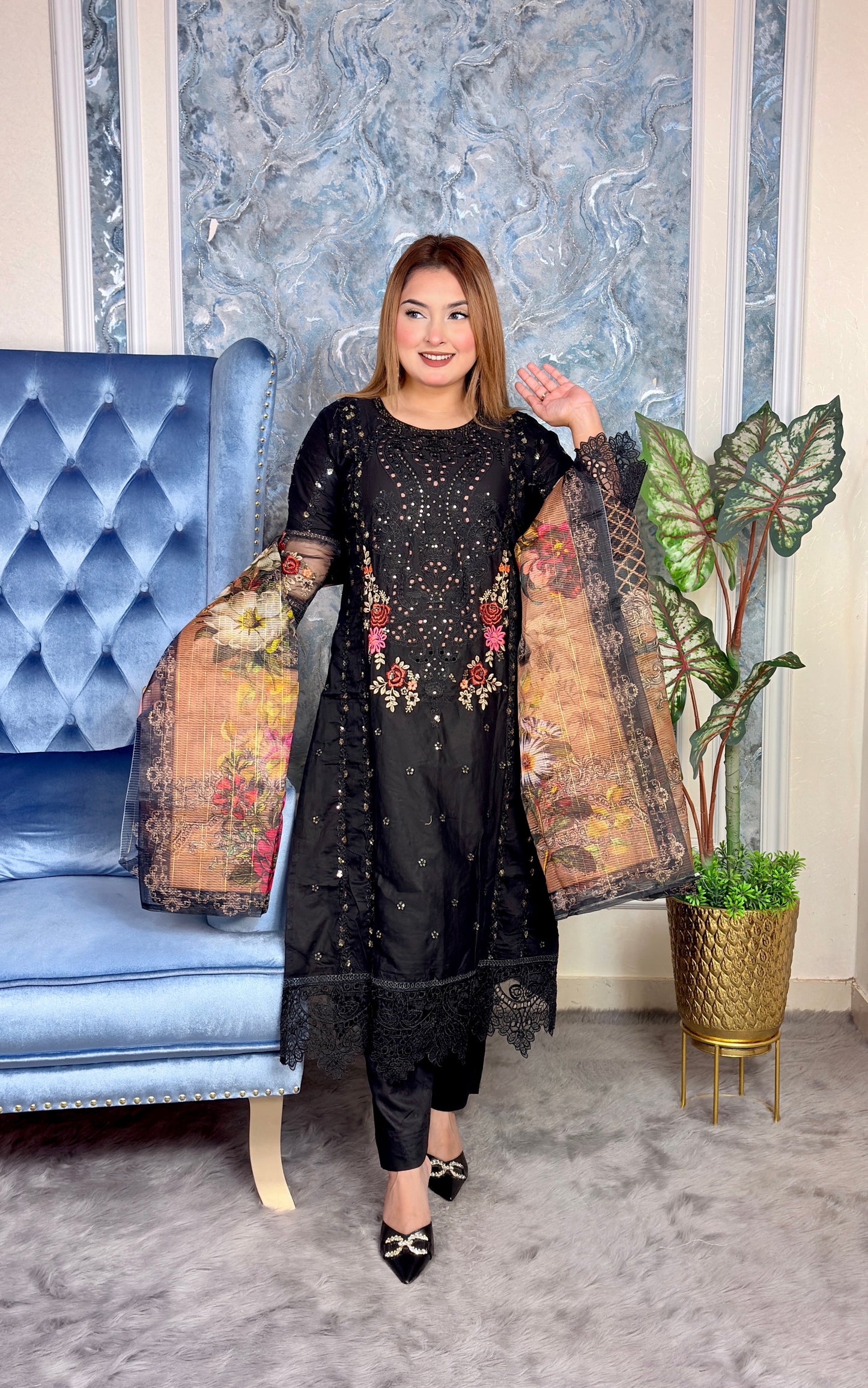 Elegant Black Embroidered Three-Piece set