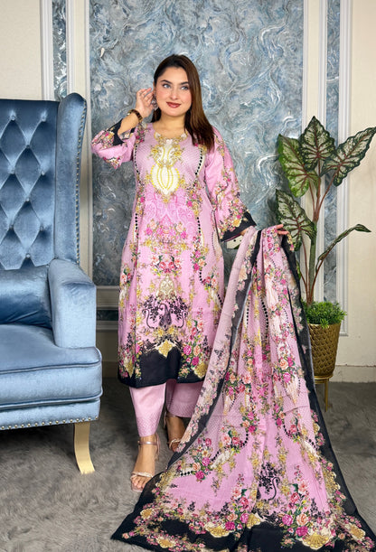 Elegant Pink Floral Printed Three-Piece Set