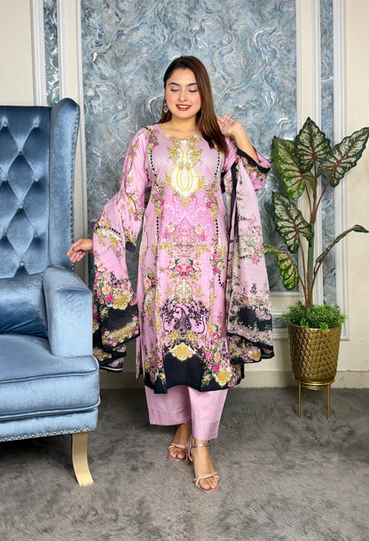 Elegant Pink Floral Printed Three-Piece Set