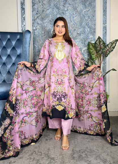 Elegant Pink Floral Printed Three-Piece Set
