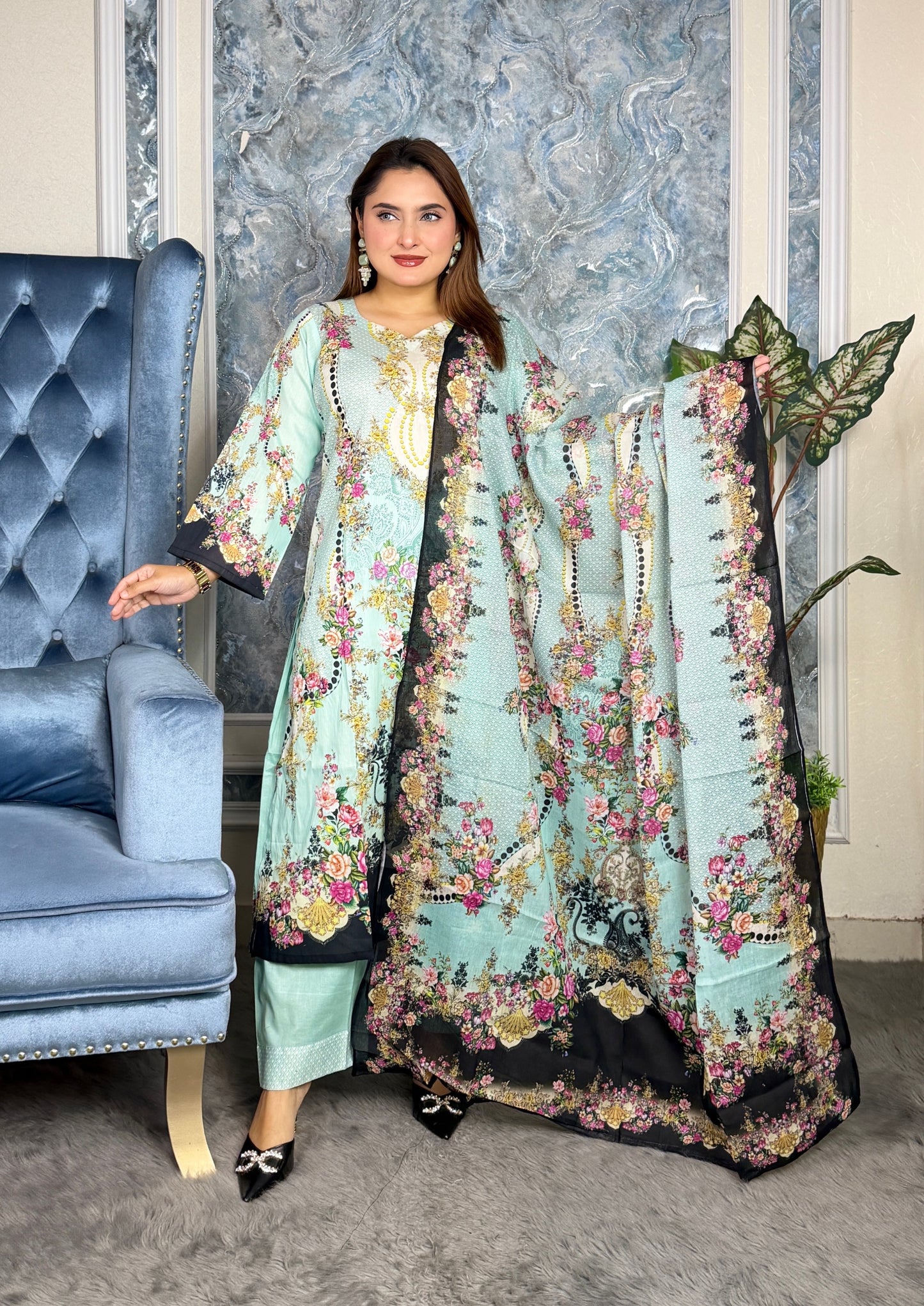 Elegant Mint Green Floral Printed Three-Piece Set