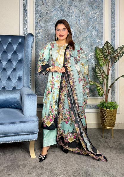 Elegant Mint Green Floral Printed Three-Piece Set