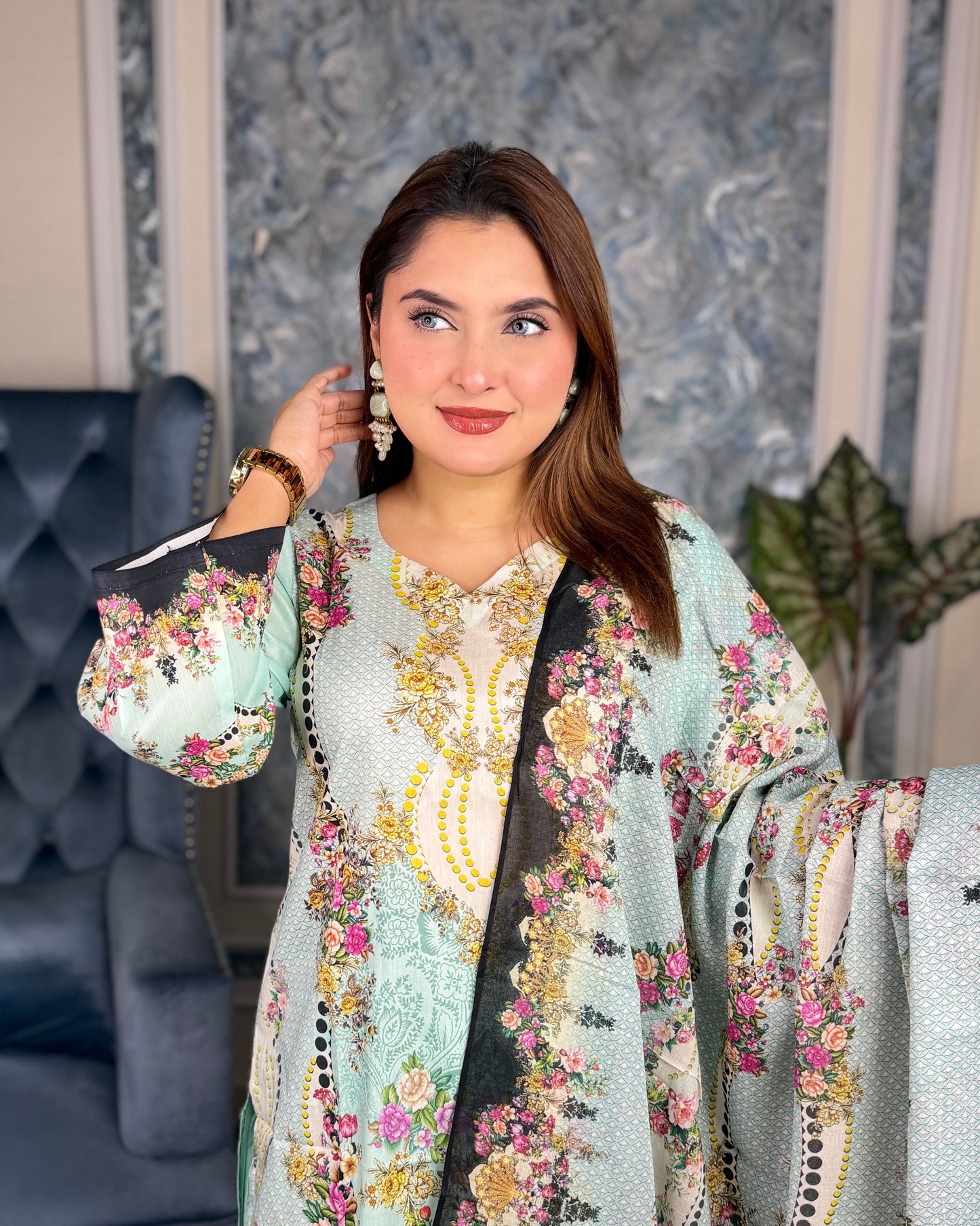 Elegant Mint Green Floral Printed Three-Piece Set