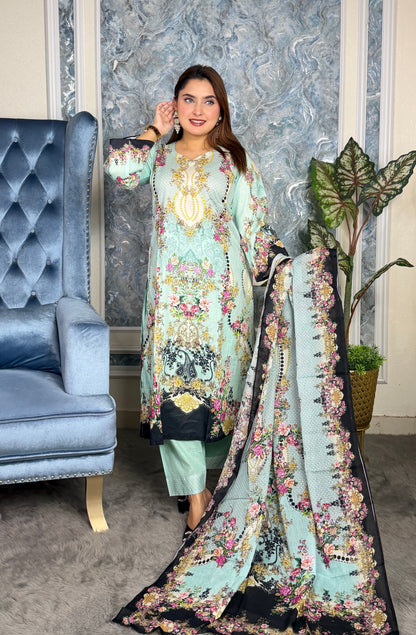 Elegant Mint Green Floral Printed Three-Piece Set