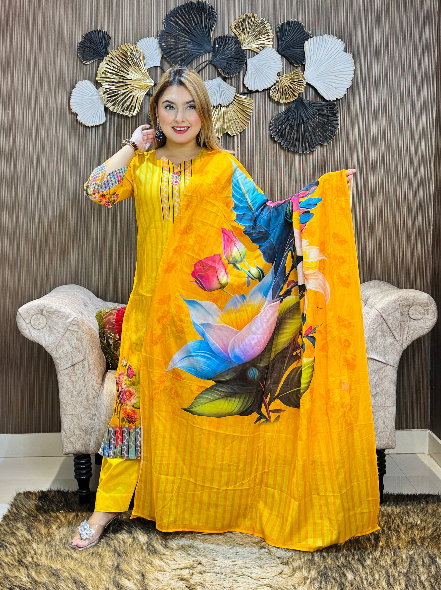 Mustard Yellow Floral Printed Three-Piece