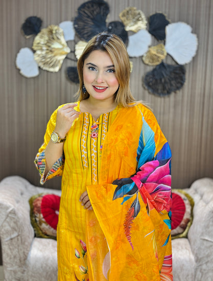 Mustard Yellow Floral Printed Three-Piece