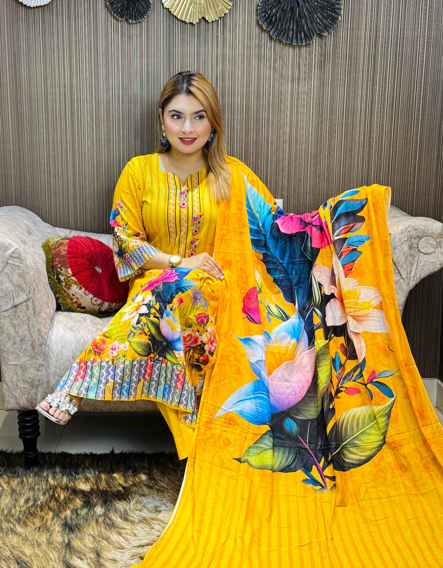 Mustard Yellow Floral Printed Three-Piece