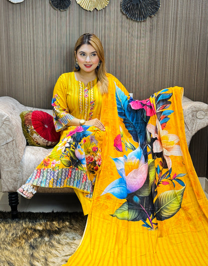 Mustard Yellow Floral Printed Three-Piece