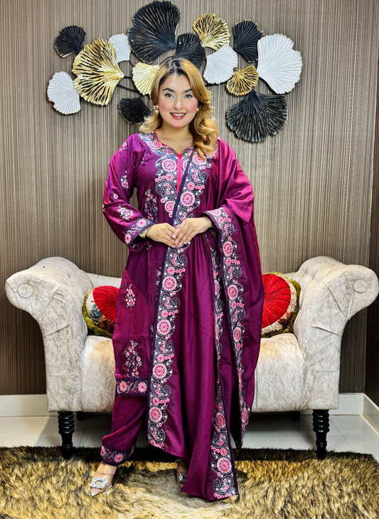Magenta Deep  Embroidered Three-Piece