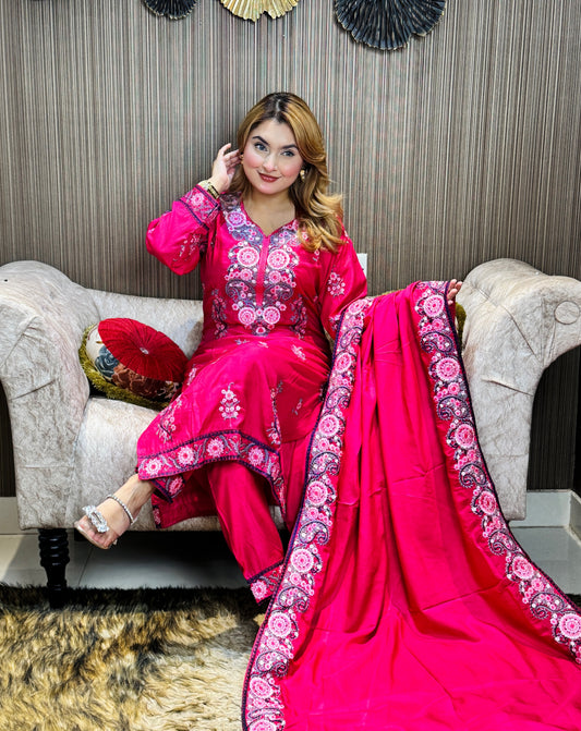 Hot Pink Embroidered Three-Piece