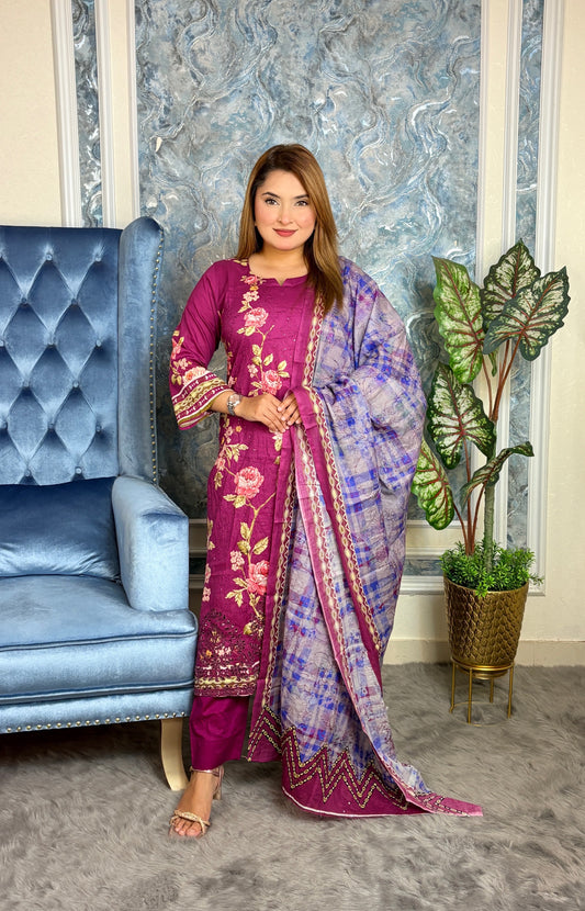 Mustard Yellow Floral Embroidered Three-Piece