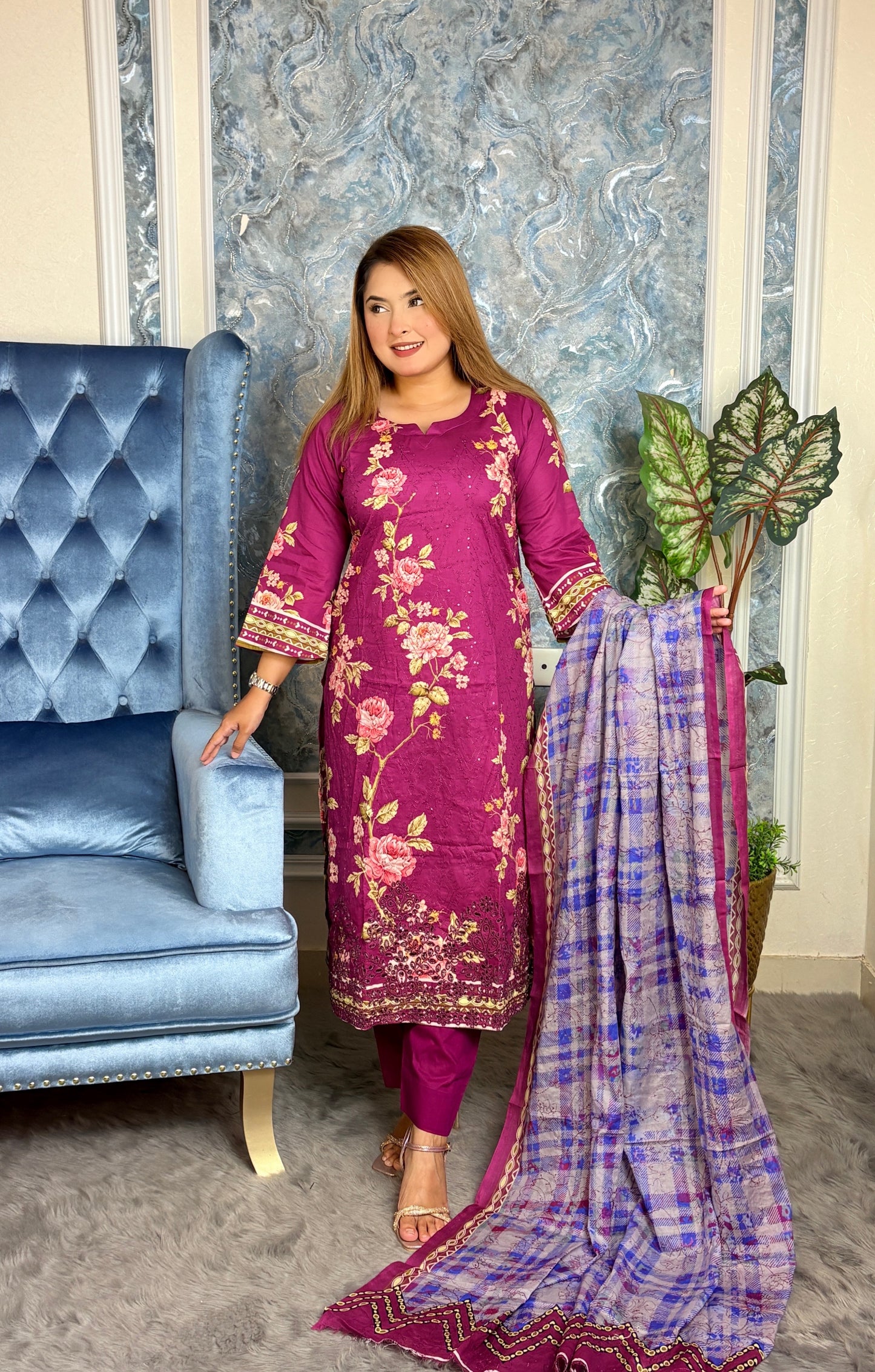 Mustard Yellow Floral Embroidered Three-Piece