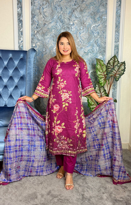 Mustard Yellow Floral Embroidered Three-Piece