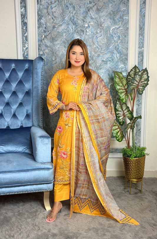 Mustard Yellow Floral Embroidered Three-Piece